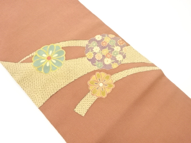 JAPANESE KIMONO / HIRAKI NAGOYA OBI / SILK / CHIRIMEN / KINSAI / FLORAL CREST & SMALL FLOWERS & KANOKO